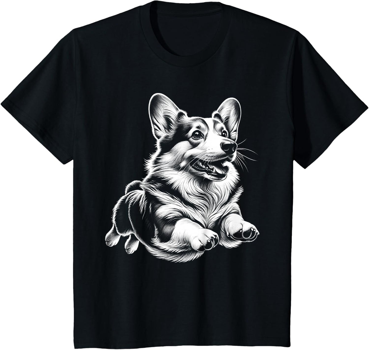 Cheerful Corgi in the Jump as Cool Black and White Portrait T-Shirt - Black