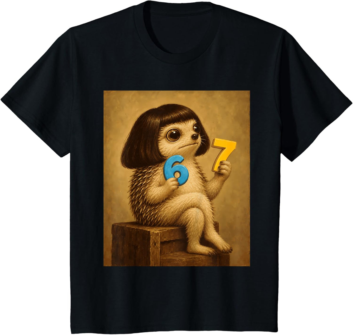 Hedgehog with Bob Haircut Funny Gen Z Kids Meme Brainrot T-Shirt - Black