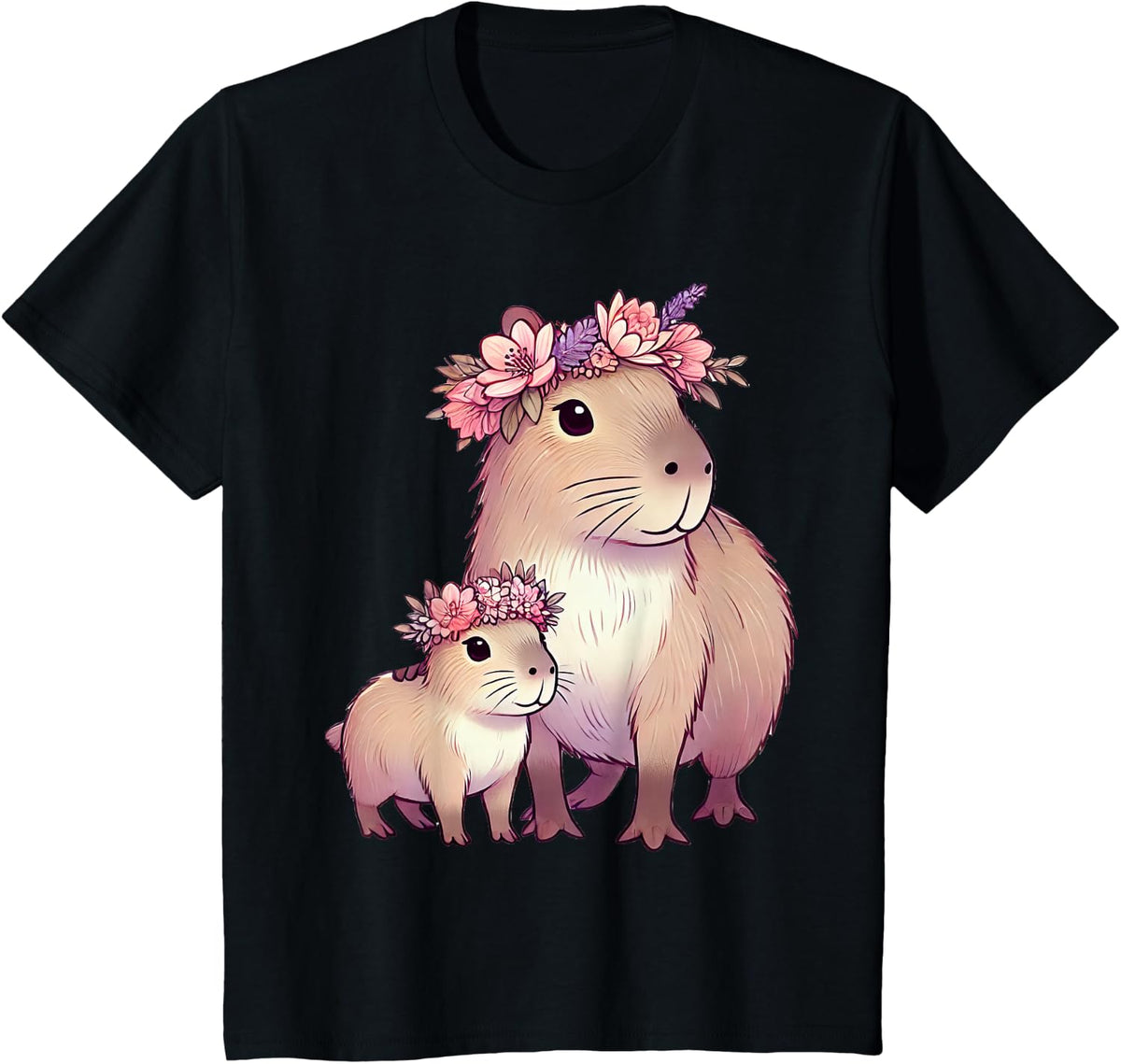Capybara Mom Flower T-Shirt Cute Capybara Shirts for Women Kids Tees - Black