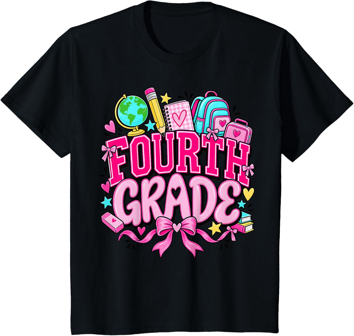 Fourth Grade Student Preppy Bow First Day School Gift T-Shirt - Black