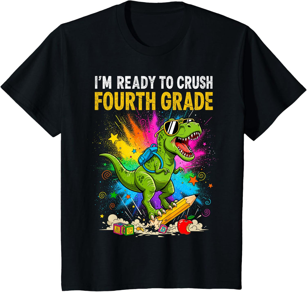 4th Grade Fourth Grade Dinosaur Back to School First Day Boy T-Shirt - Black