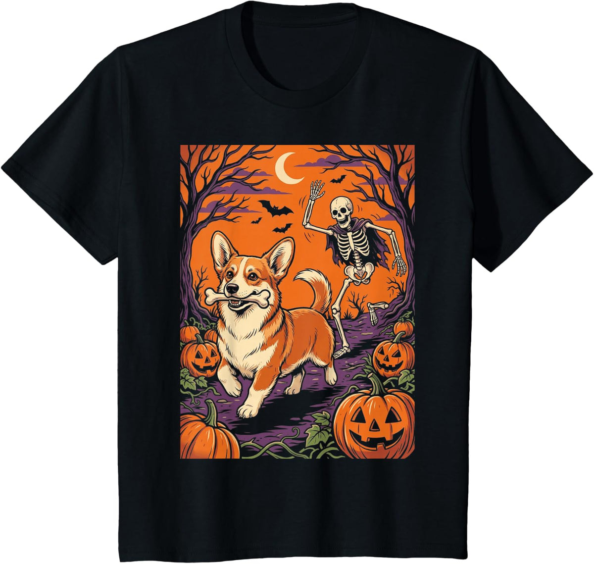 Pembroke Welsh Corgi Dog Stealing Bone Skeleton Halloween T-Shirt - Black
