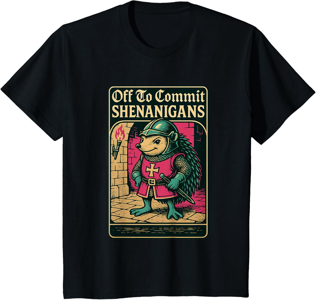 Hedgehog Knight Off to Commit Shenanigans Funny Medieval T-Shirt - Black