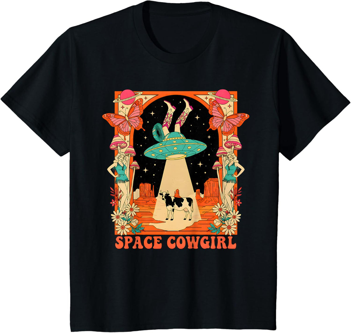 Space Cowgirl Alien UFO Rodeo Retro Funny T-Shirt - Black
