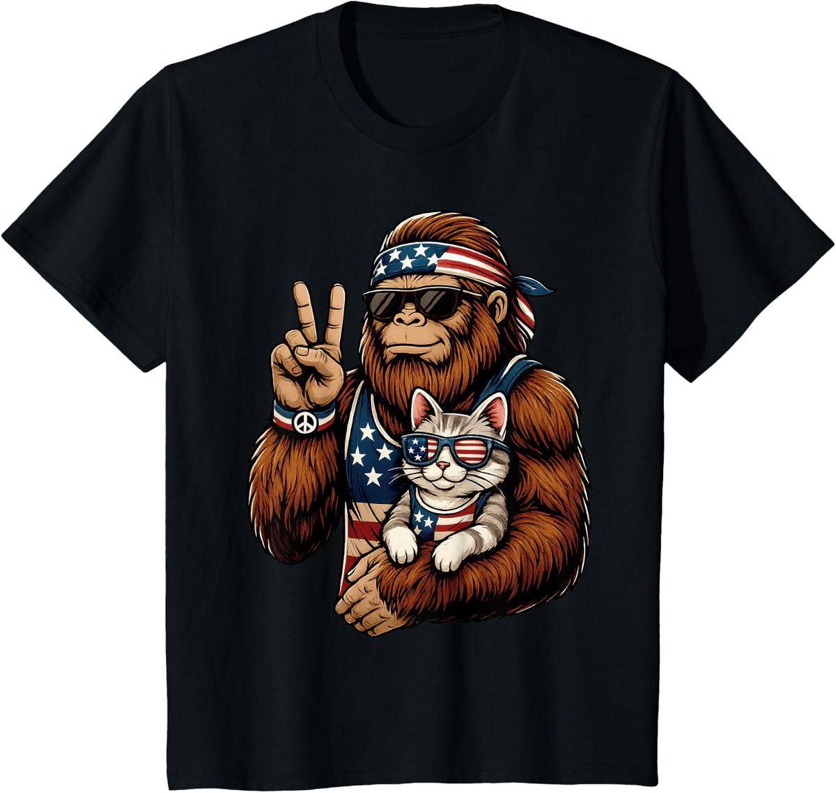 4th of July Bigfoot Cat American Flag T-Shirt Tees Men Women Sasquatch Peace Sign - Black