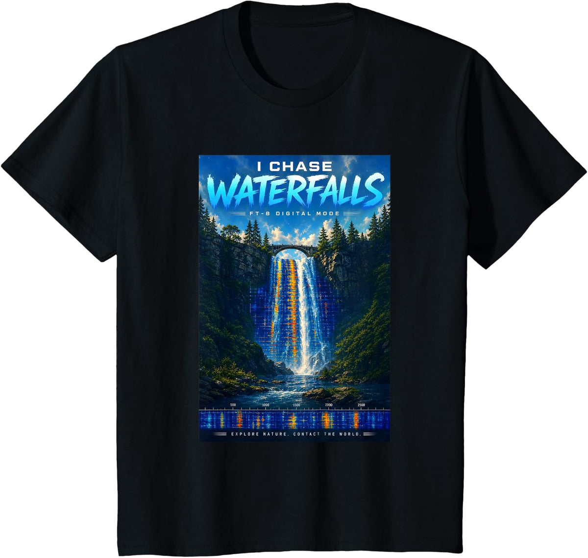 I Chase Waterfalls FT8 Amateur Radio Nature T-Shirt - Black