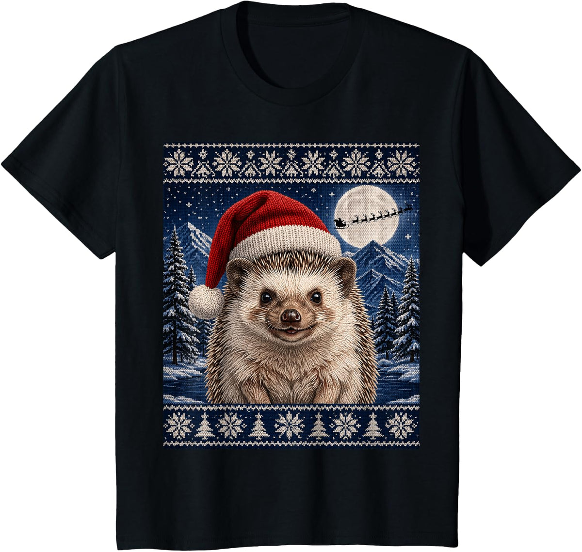 Cute African Pygmy Hedgehog Santa Ugly Christmas Knit Style T-Shirt - Black
