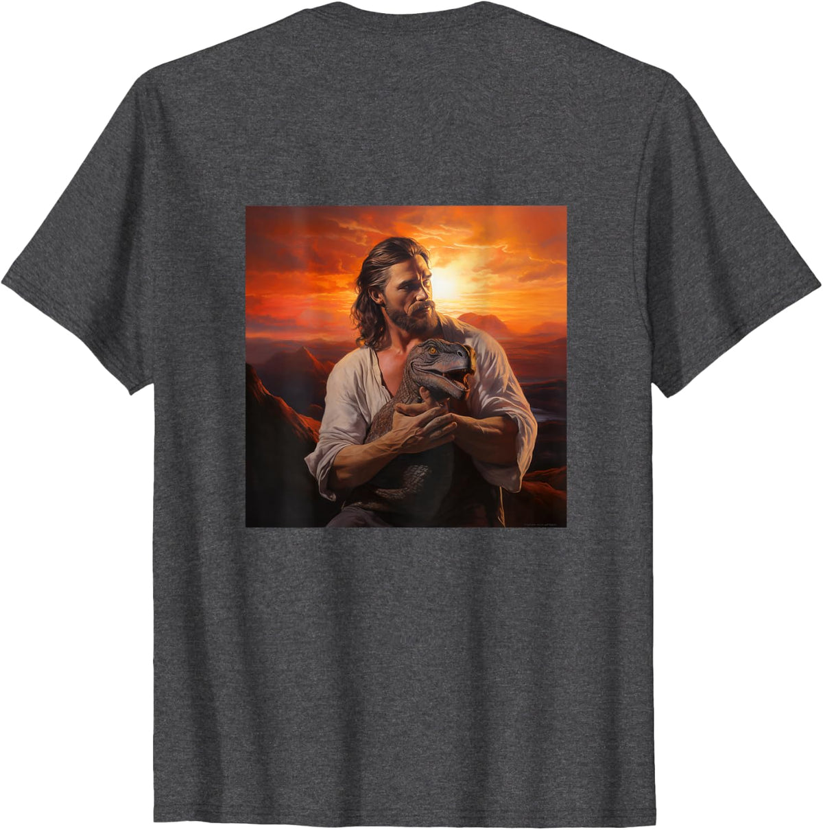 Jesus Holding Dino Dinosaur T-Shirt Tee For Kids Boys Girls Men Women - Dark Heather Grey