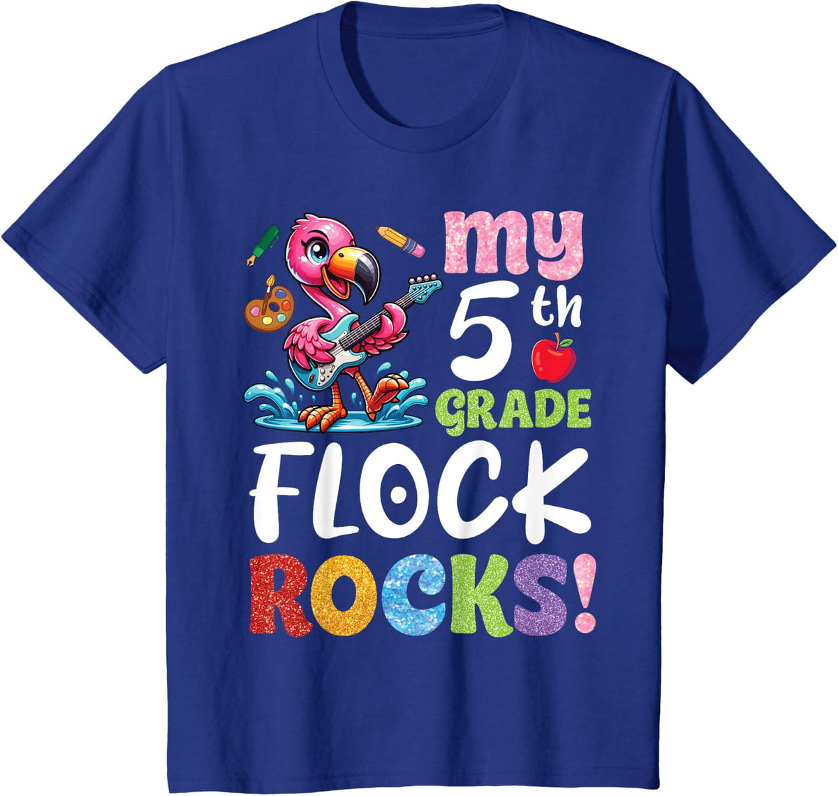 Flamingo Student Playing Guitar My 5th Grade Flock Rocks T-Shirt - Royal Blue
