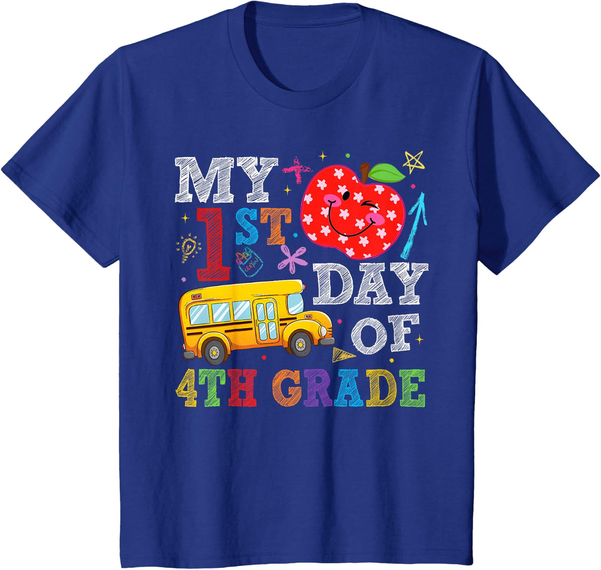 My 1st Day of 4th Grade Bus Apple Back to School Boy Girl T-Shirt - Royal Blue