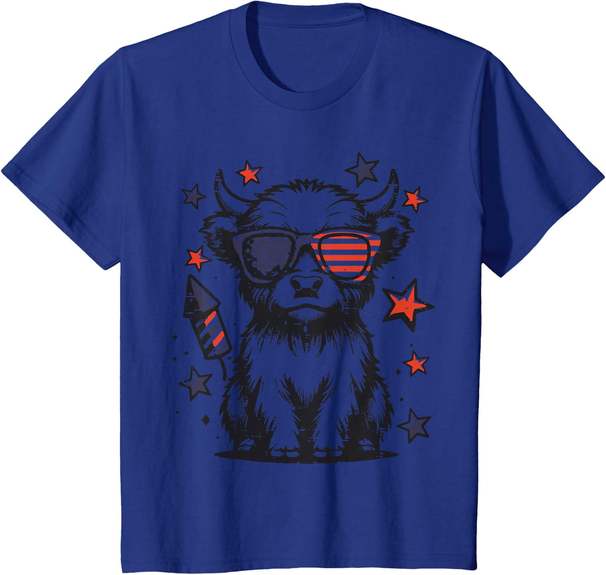 4th of July Highland Cow Cute American Farm Boys Girls Kids T-Shirt - Royal Blue