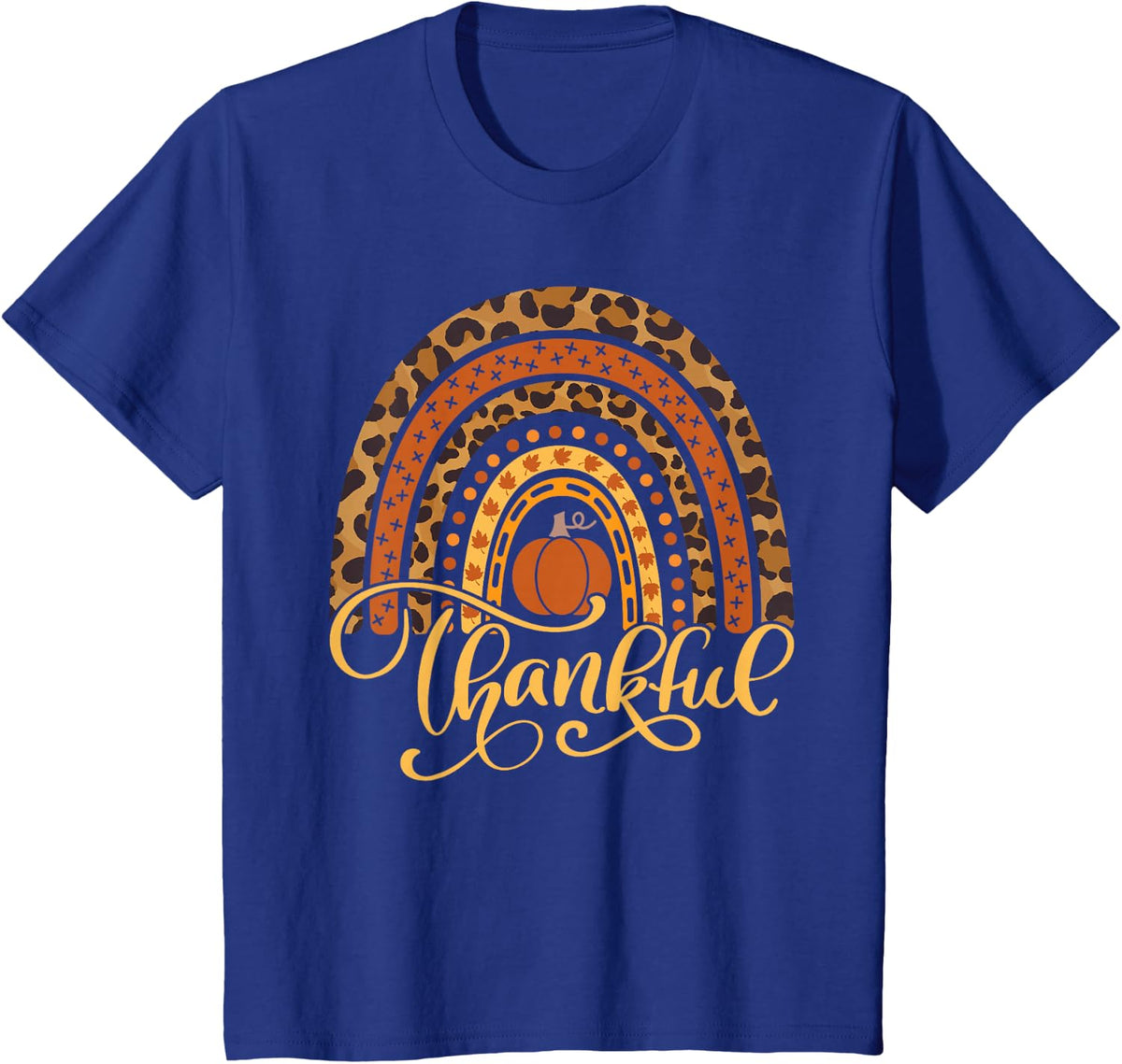 Boho Rainbow Leopard Fall Autumn Thankful Women Thanksgiving T-Shirt - Royal Blue