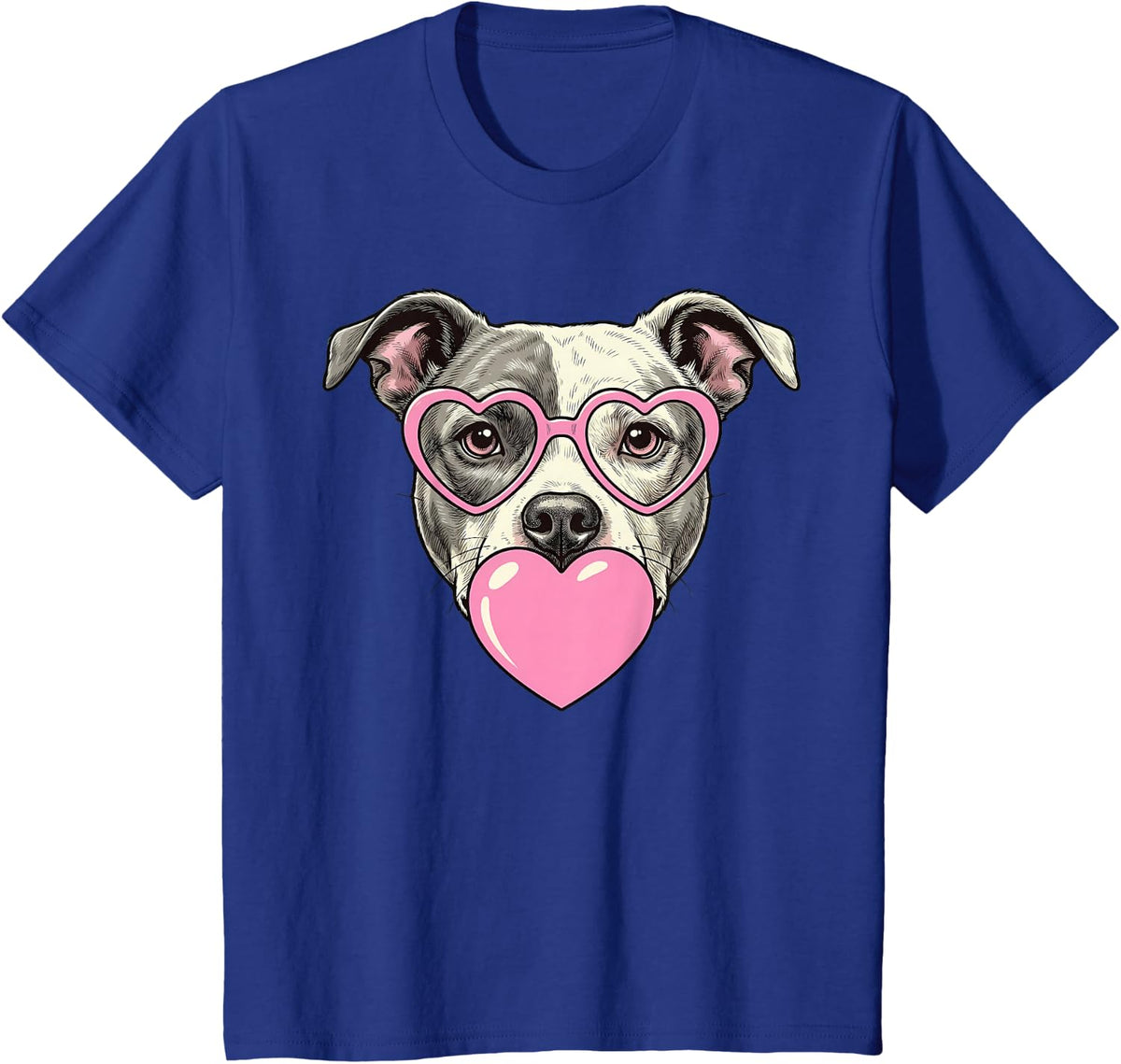 Cute Pitbull Blowing Pink Valentine Heart Bubble Gum T-Shirt - Royal Blue