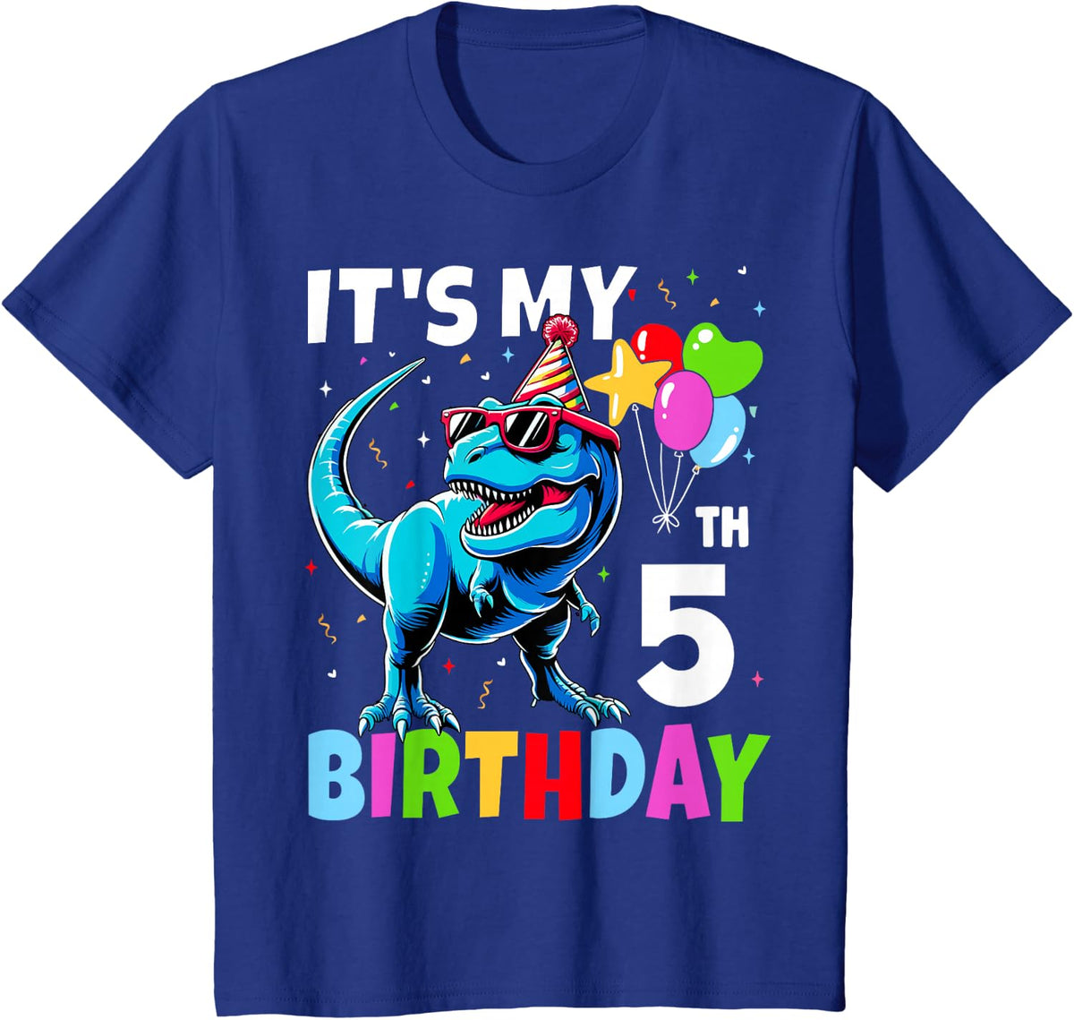 Kids 5th Birthday Shirt Boy 5yr Five 5 Year Old Dinosaur T-Rex T-Shirt - Royal Blue