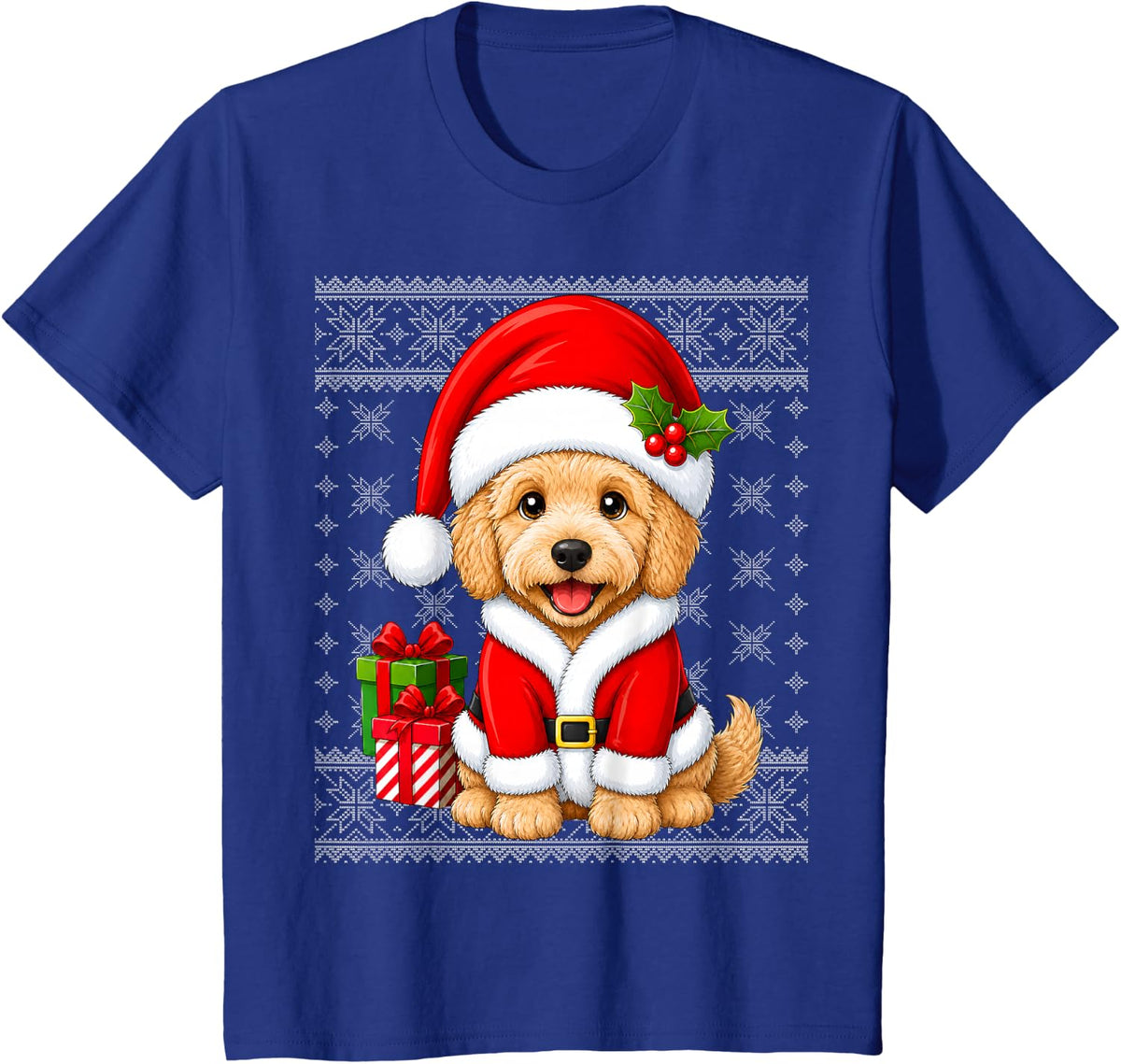 Goldendoodle Dog in Christmas Santa Costume Ugly Xmas T-Shirt - Royal Blue