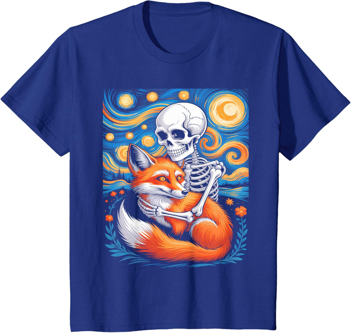 Skeleton and Fox Under Starry Sky Van Gogh T-Shirt - Royal Blue