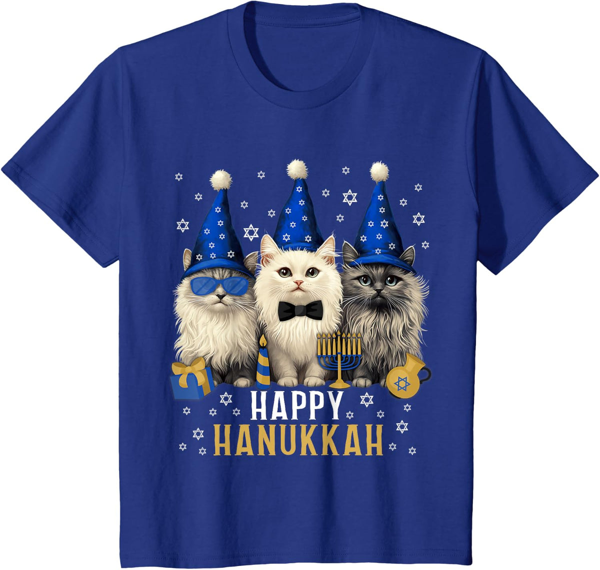 Happy Hanukcat Jewish Holiday Funny Hanukkah Cat Lover T-Shirt - Royal Blue