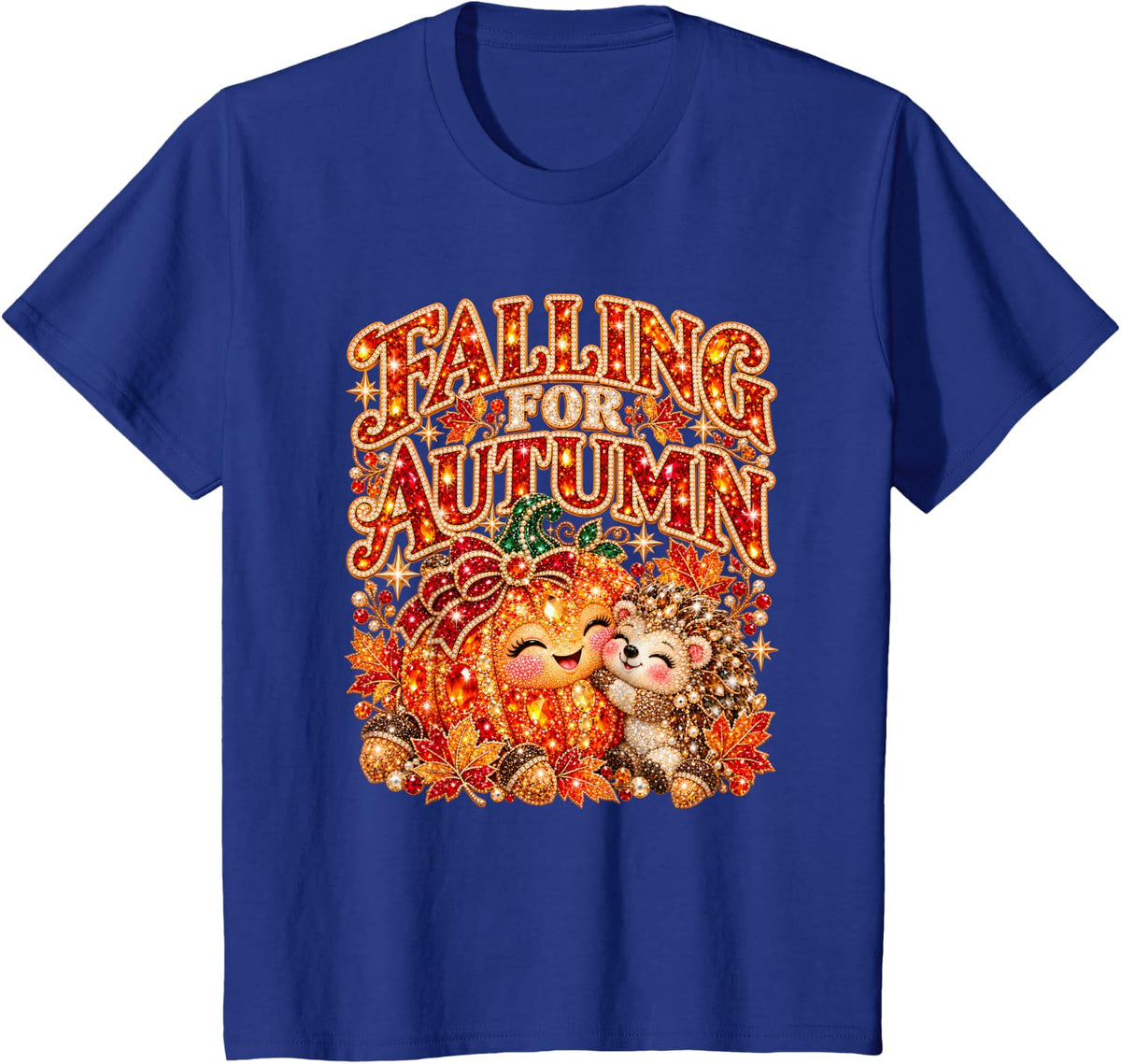 Falling for Autumn Cute Pumpkin and Hedgehog T-Shirt - Royal Blue