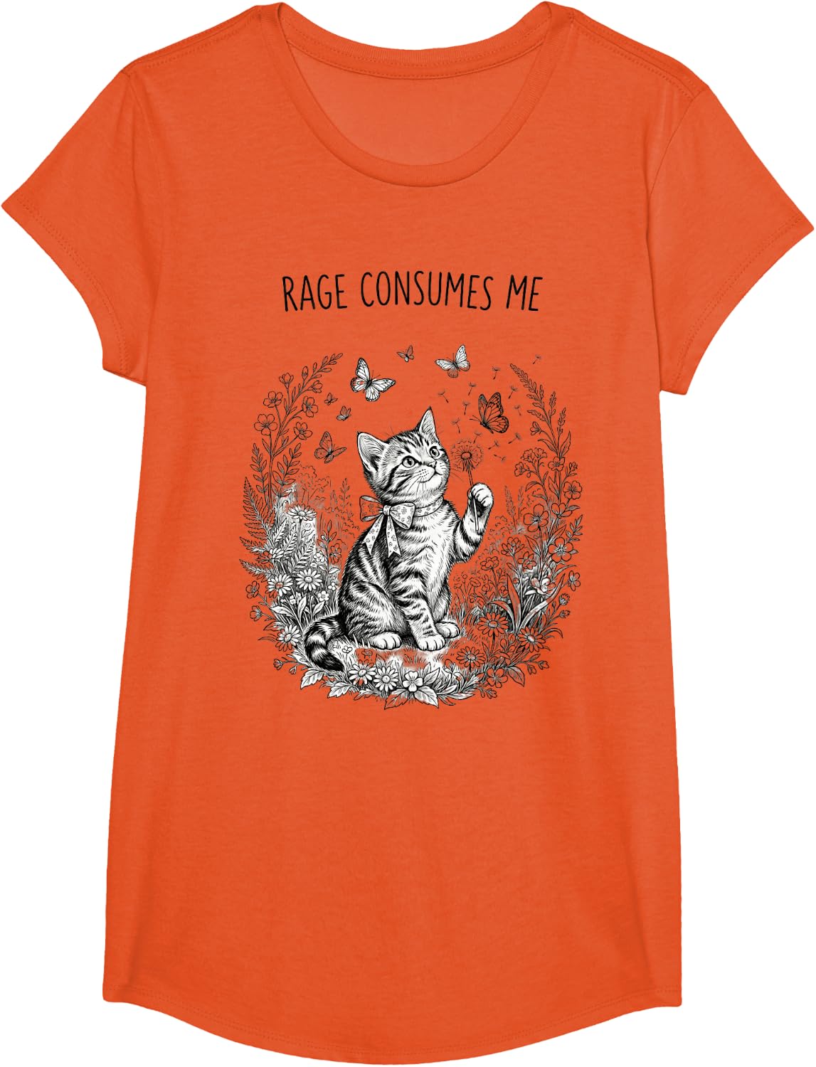 Rage Consumes Me Cat Meme Cute Kitten Flower T-Shirt - Girls Orange