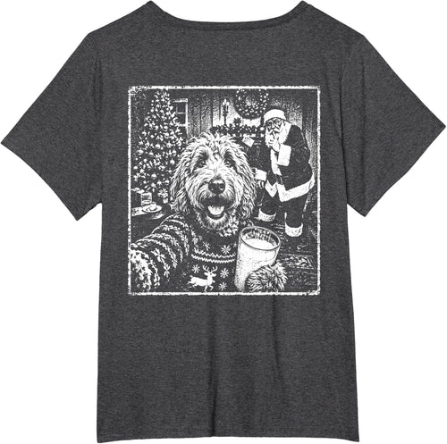 (On Back) Christmas Goldendoodle Santa Dog Selfie with Santa T-Shirt - Dark Heather Grey