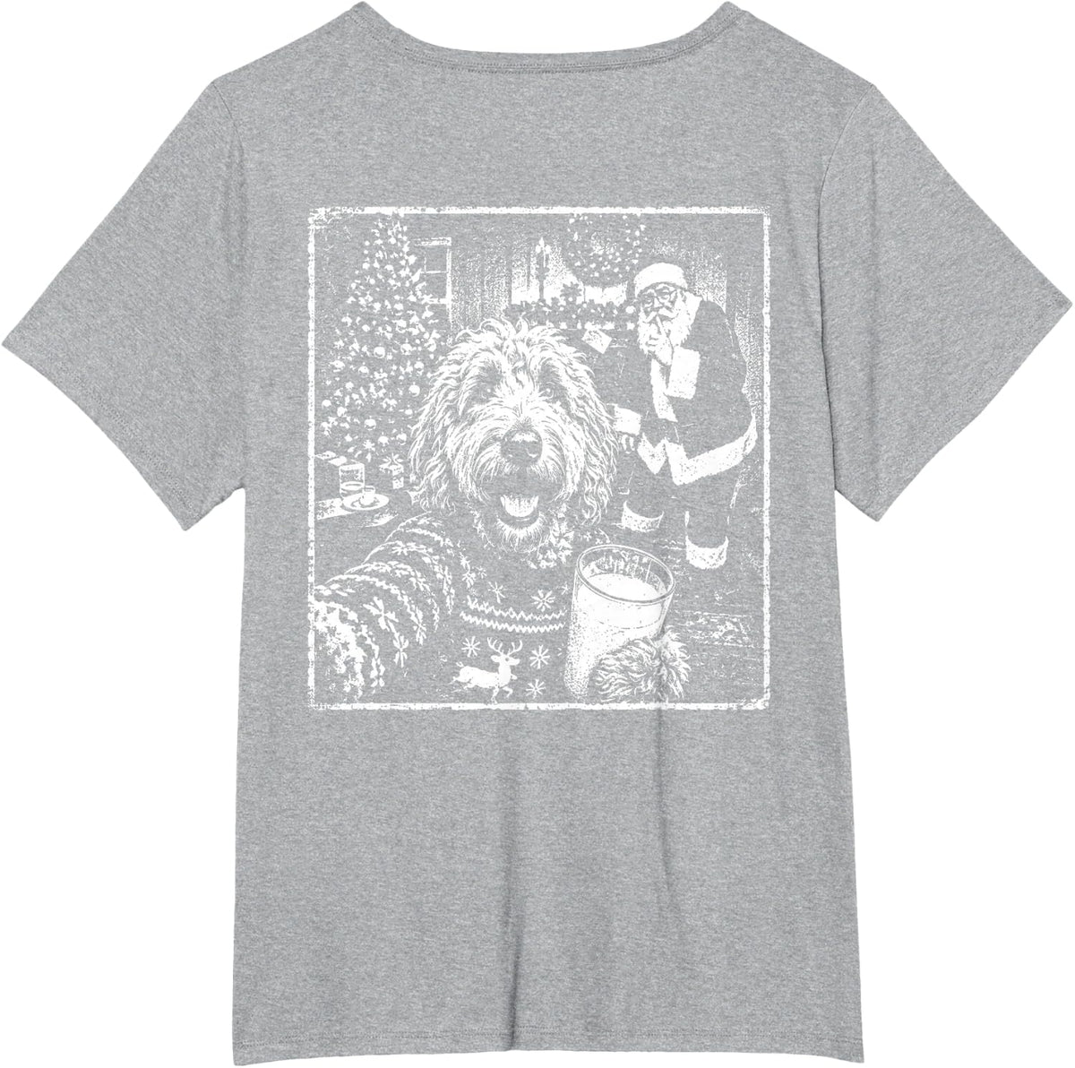 (On Back) Christmas Goldendoodle Santa Dog Selfie with Santa T-Shirt - Heather Grey