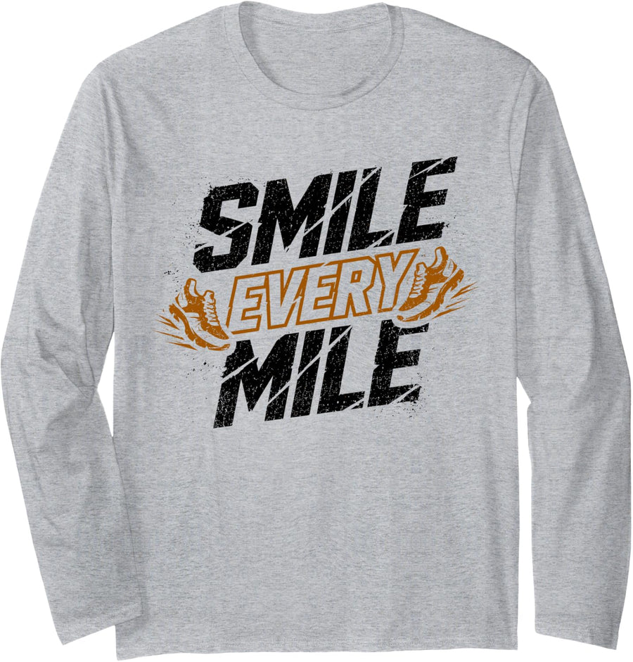 Smile Every Mile Running Marathon Cross Country Long Sleeve T-Shirt - Adult Unisex Heather Grey