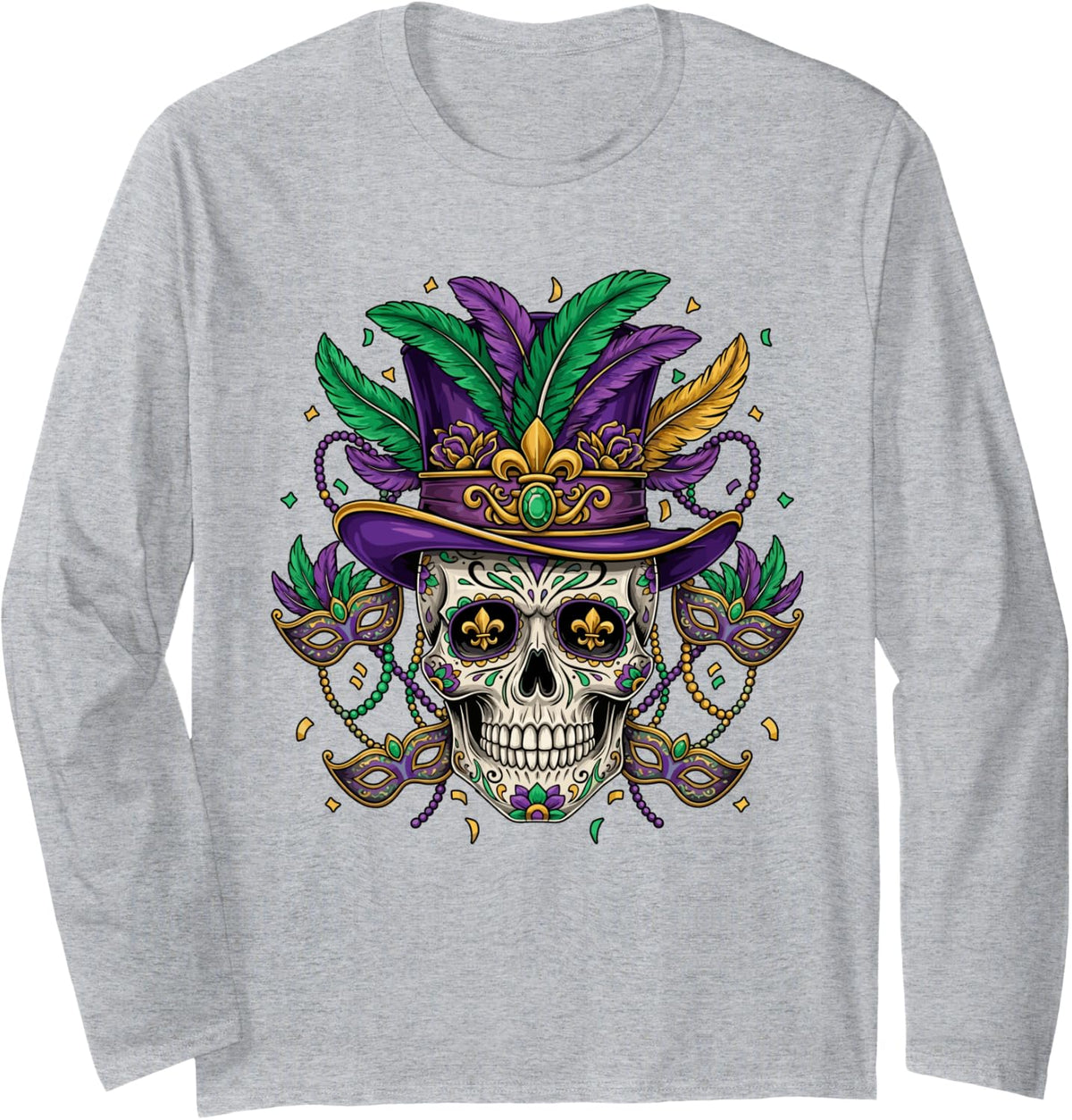 Mardi Gras Costume Sugar Skull Colorful Carnival Mask Design Long Sleeve T-Shirt - Adult Unisex Heather Grey