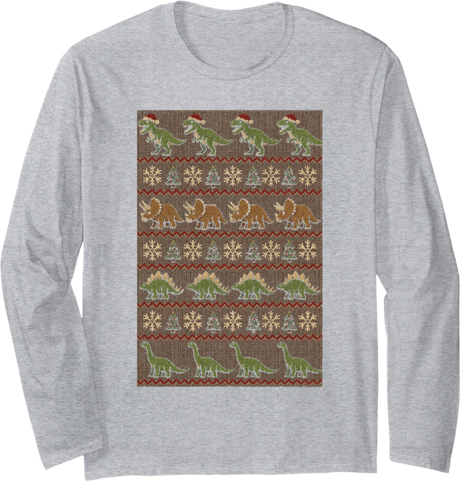 Dinosaur Ugly Christmas Knit Pattern T Rex Triceratops Long Sleeve T-Shirt - Adult Unisex Heather Grey