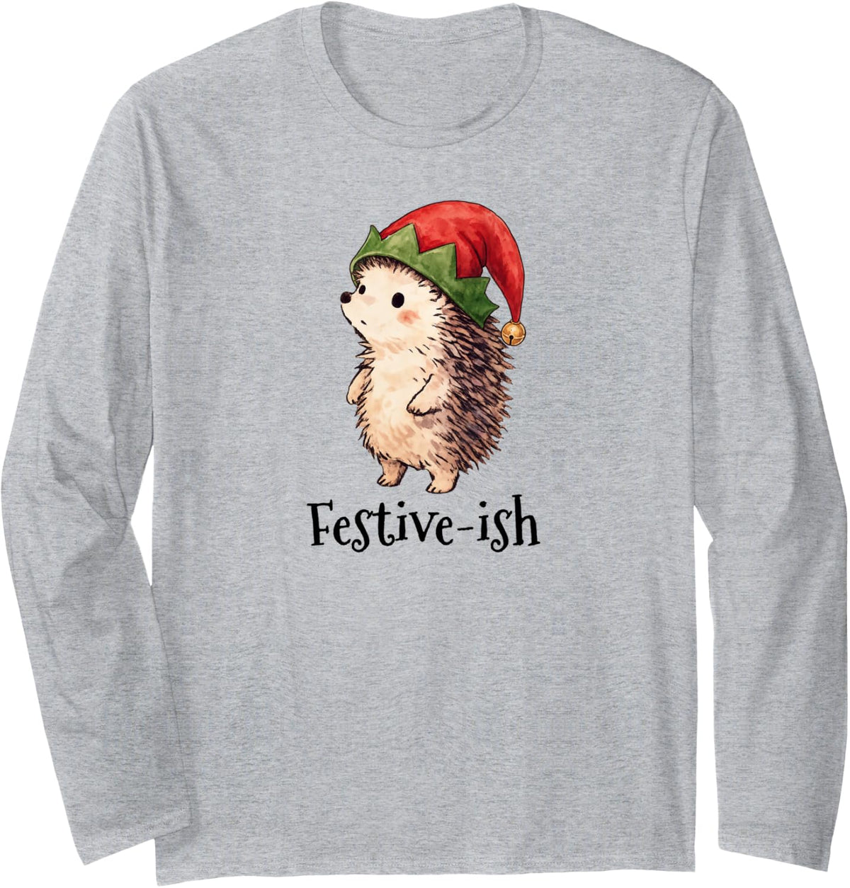 Festive-ish Adorable Little Hedgehog in an elf hat Long Sleeve T-Shirt - Adult Unisex Heather Grey