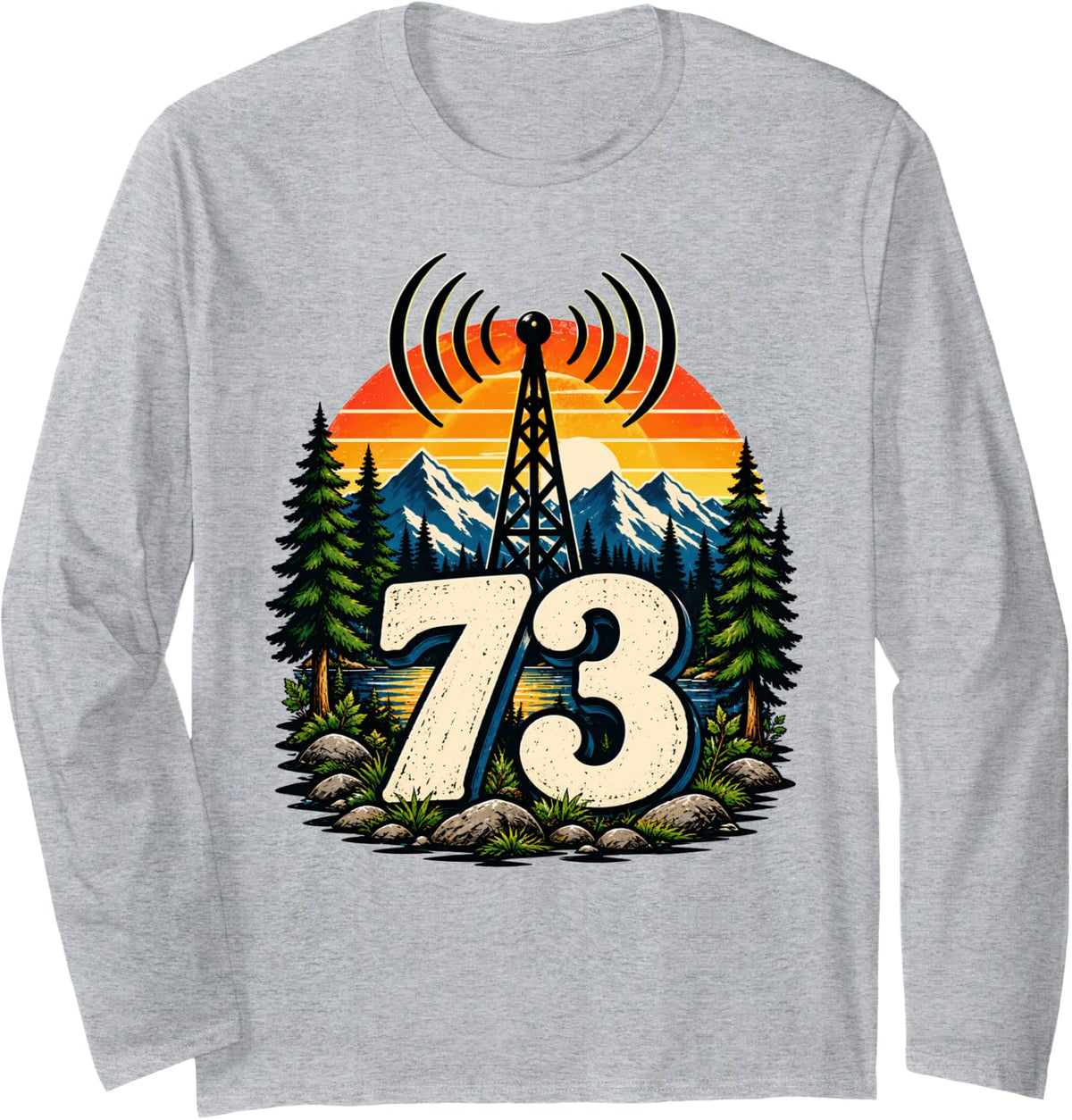 Ham Amateur Radio 73 Operator Retro Mountain Design Vintage Long Sleeve T-Shirt - Adult Unisex Heather Grey