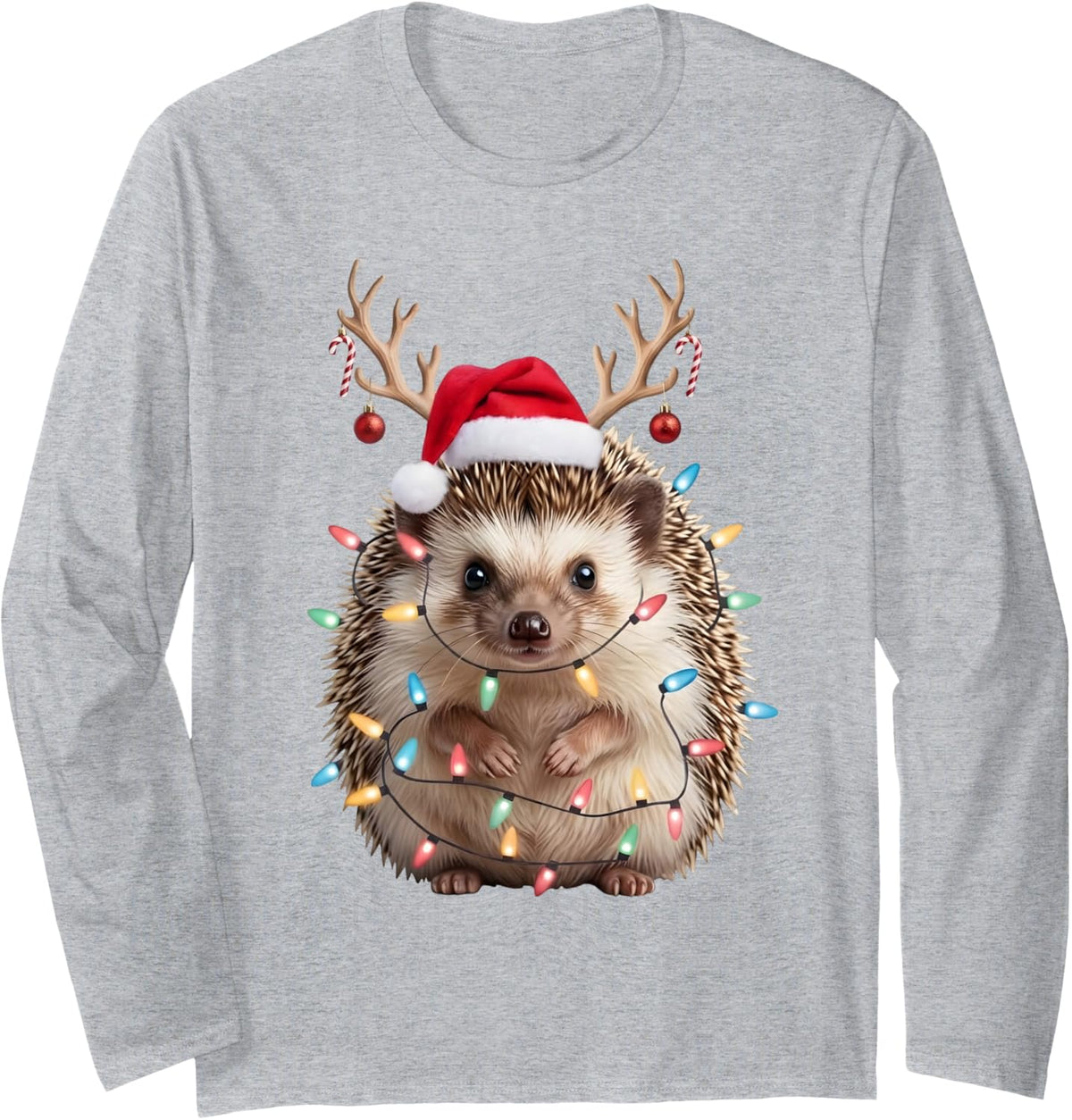 Santa Hedgehog Christmas Lights Hedgehog Reindeer Xmas Boys Long Sleeve T-Shirt - Adult Unisex Heather Grey