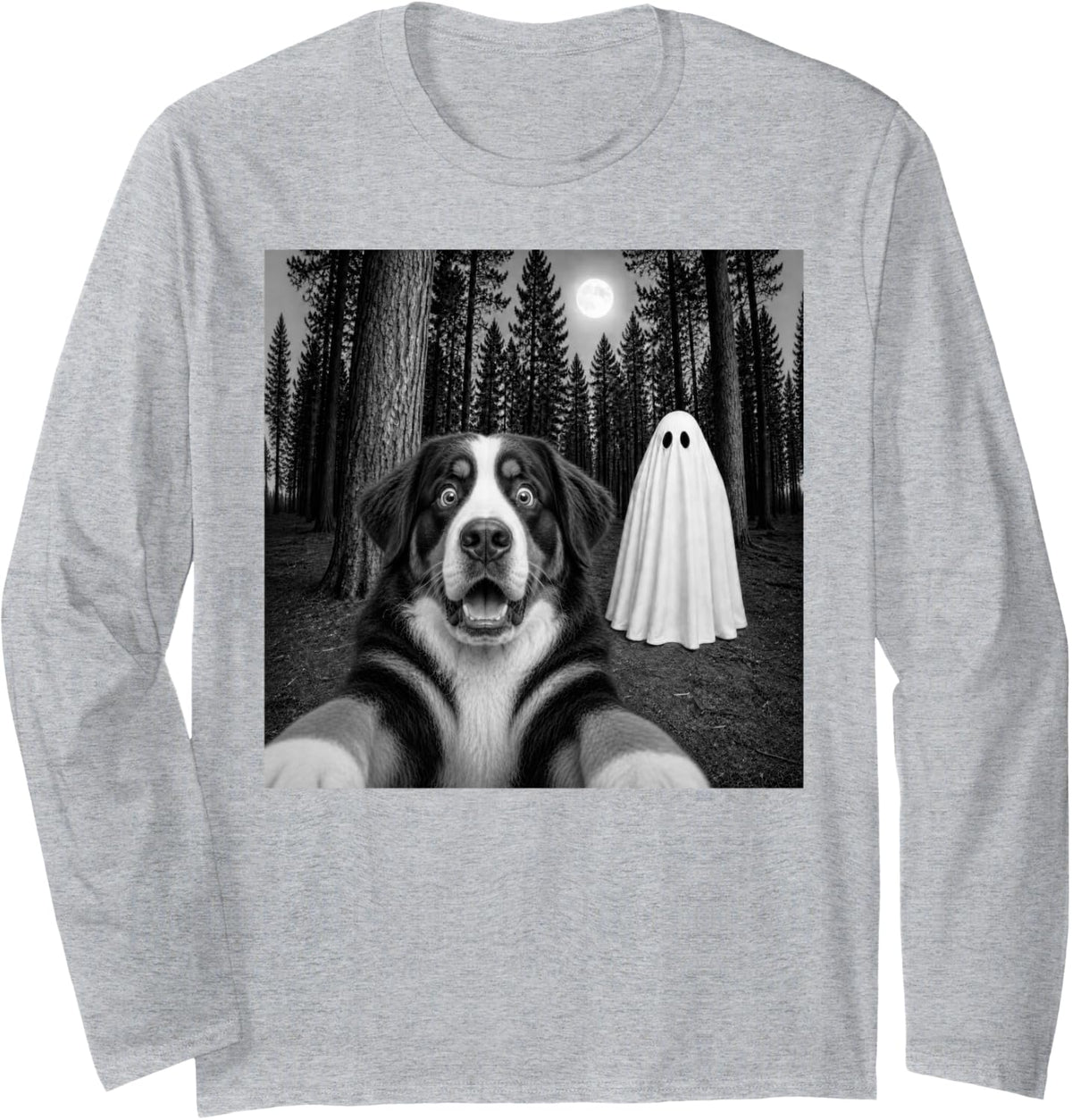 Spooky Bernese Mountain Dog Selfie with Ghost Halloween Long Sleeve T-Shirt - Adult Unisex Heather Grey