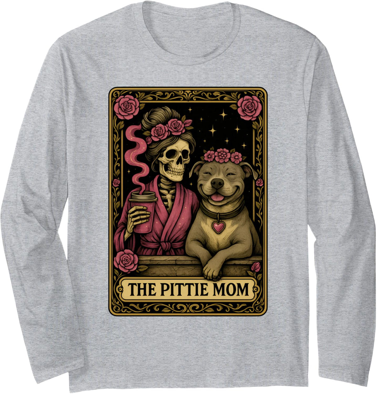 The Pittie Mom Tarot Card Cute Pit Bull Smiling Pitbull Love Long Sleeve T-Shirt - Adult Unisex Heather Grey