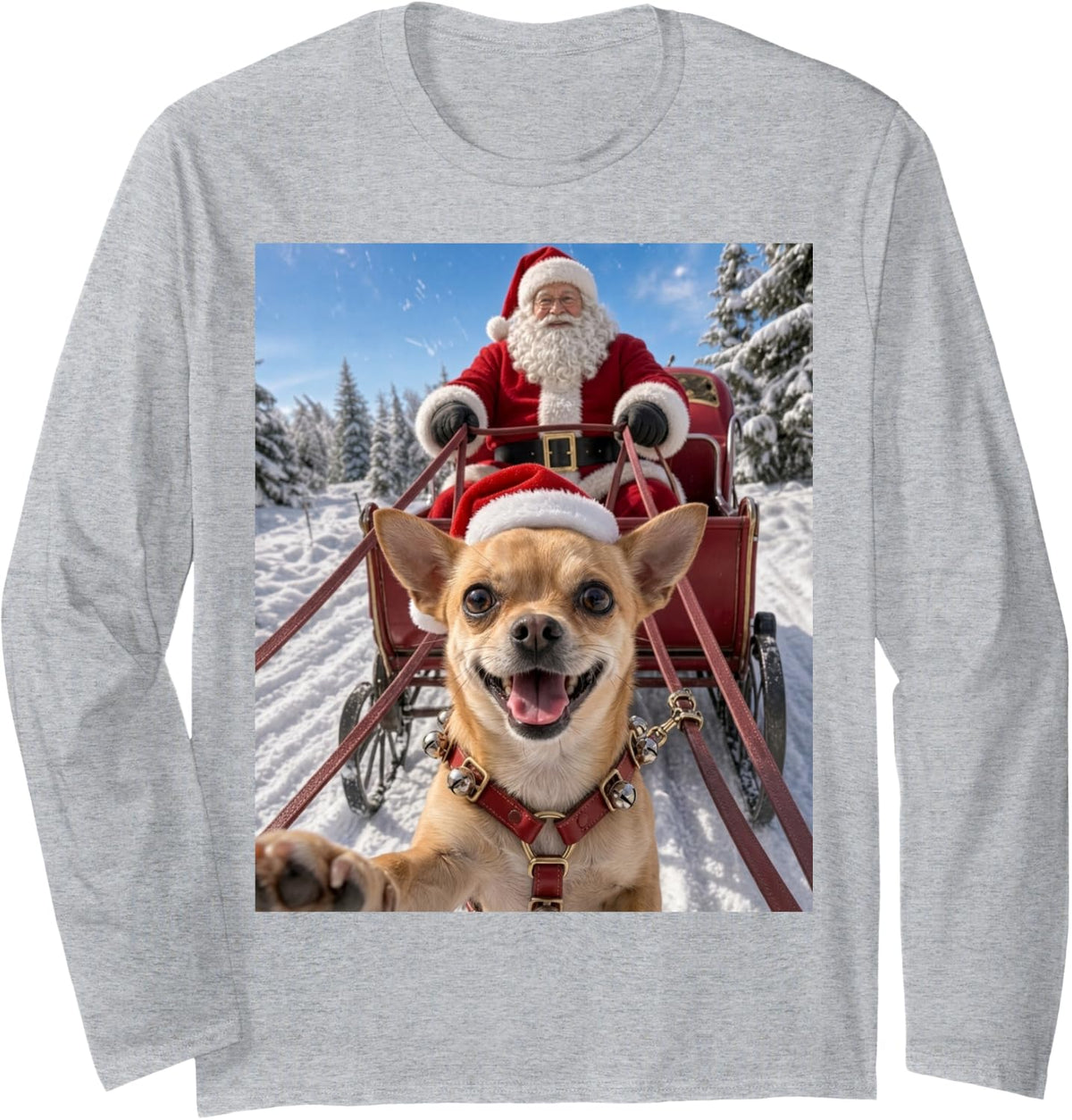 Chihuahua Pulling Santa Sleigh Funny Ugly Christmas Dog Gift Long Sleeve T-Shirt - Adult Unisex Heather Grey