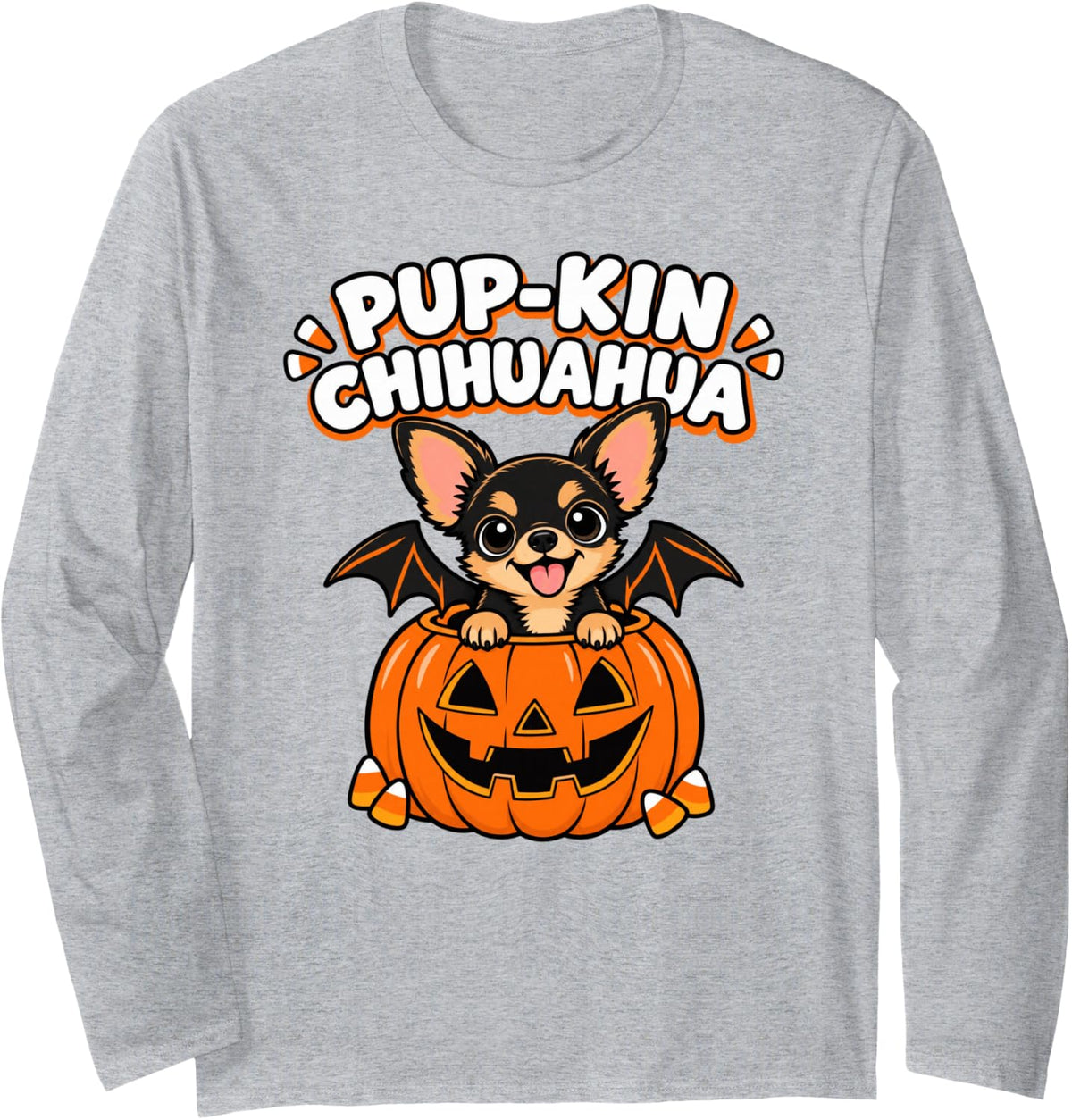 Halloween Chihuahua Pup-Kin Long Sleeve T-Shirt - Adult Unisex Heather Grey