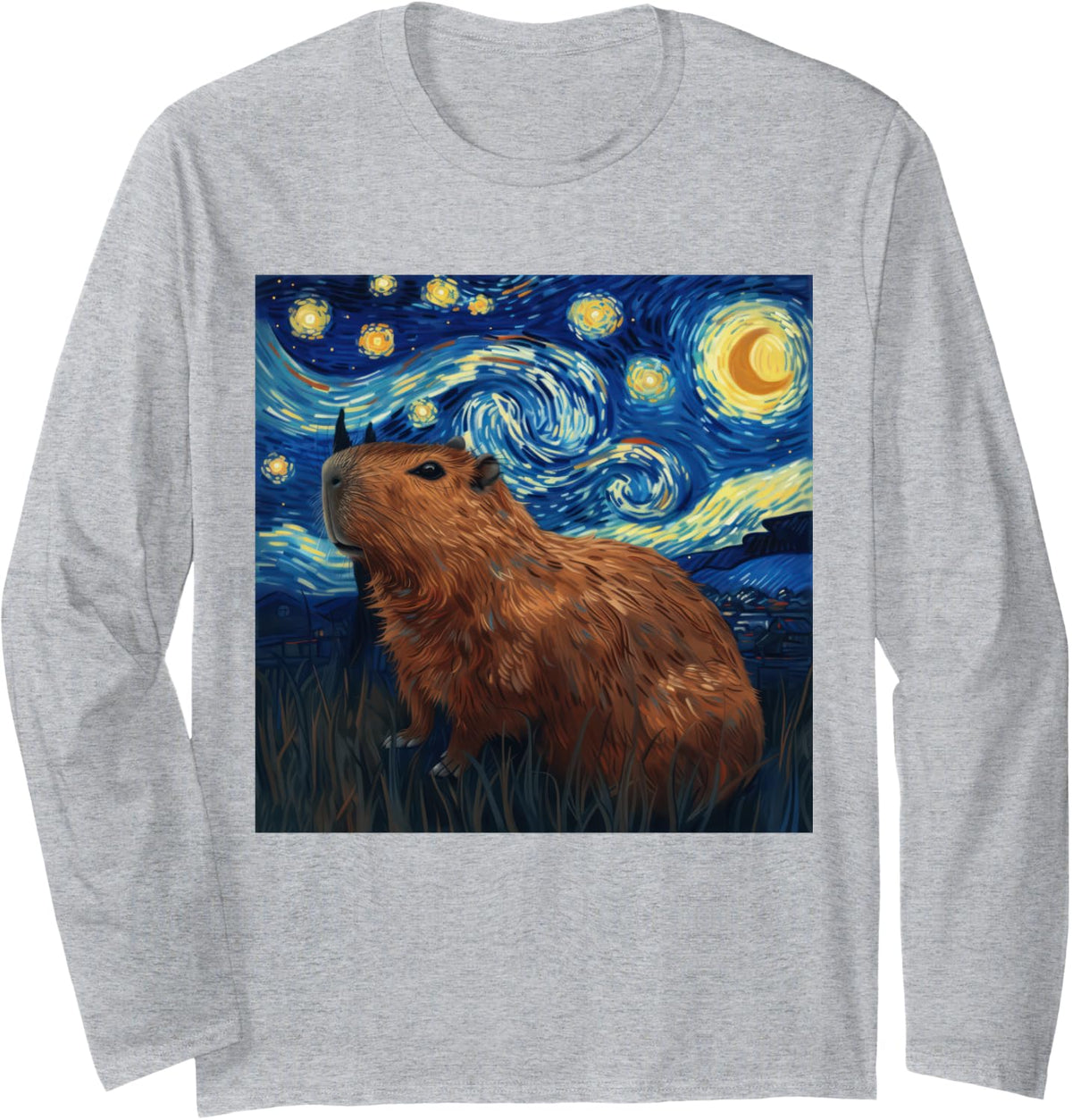 Capybara Van Gogh Style Starry Night Long Sleeve T-Shirt - Adult Unisex Heather Grey