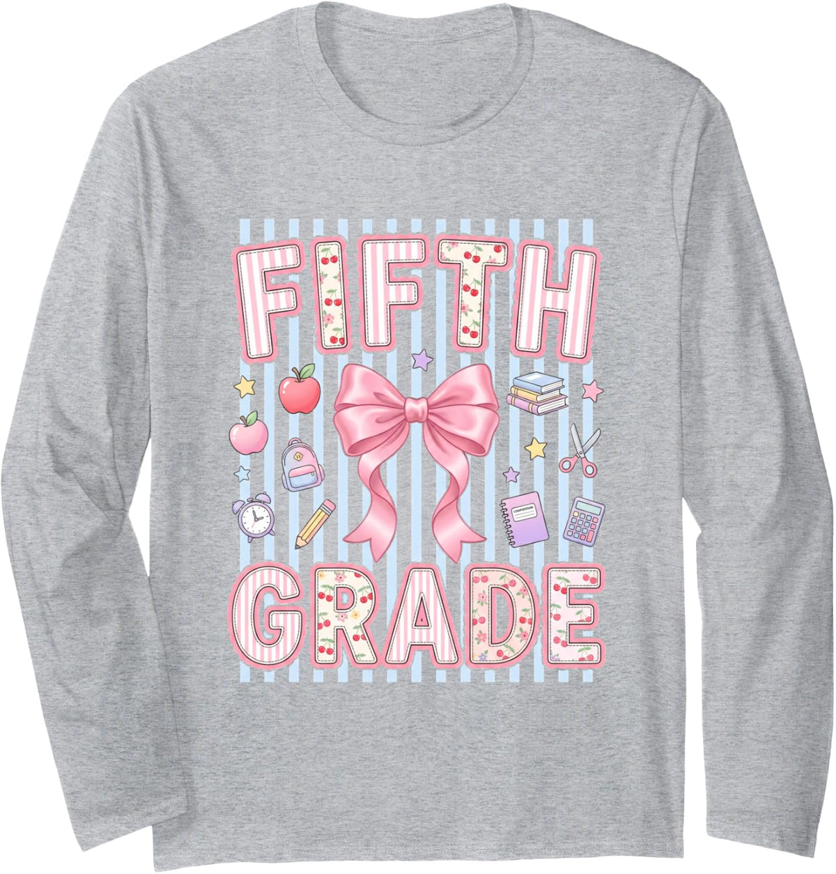 Fifth Grade Girls Back to School Pink Bow Student Long Sleeve T-Shirt - Adult Unisex Heather Grey