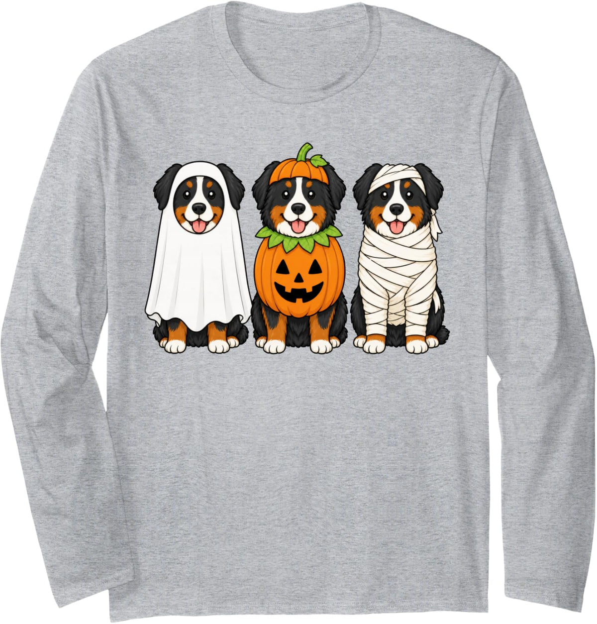 Spooky Bernese Mountain Dog Pumpkin Ghost Halloween Long Sleeve T-Shirt - Adult Unisex Heather Grey