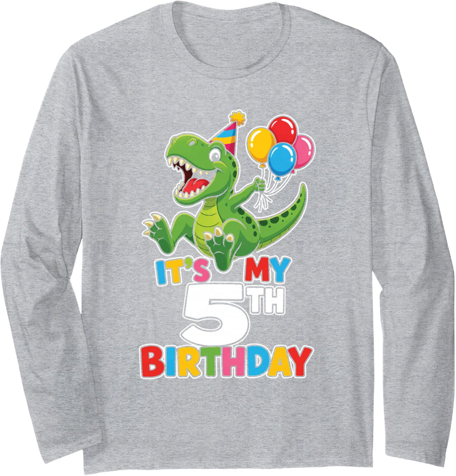 Dinosaur It's My 5th Birthday T Rex Boy Five Year Old Long Sleeve T-Shirt - Adult Unisex Heather Grey