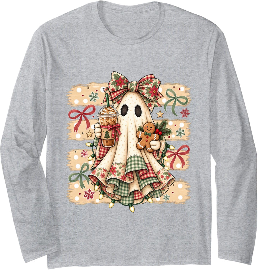 Christmas Ghost Iced Coffee Gingerbread Holiday Coffee Lover Long Sleeve T-Shirt - Adult Unisex Heather Grey