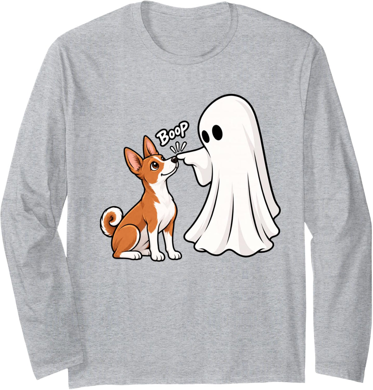 Funny Ghost Basenji Boop Halloween Dog Lover Long Sleeve T-Shirt - Adult Unisex Heather Grey