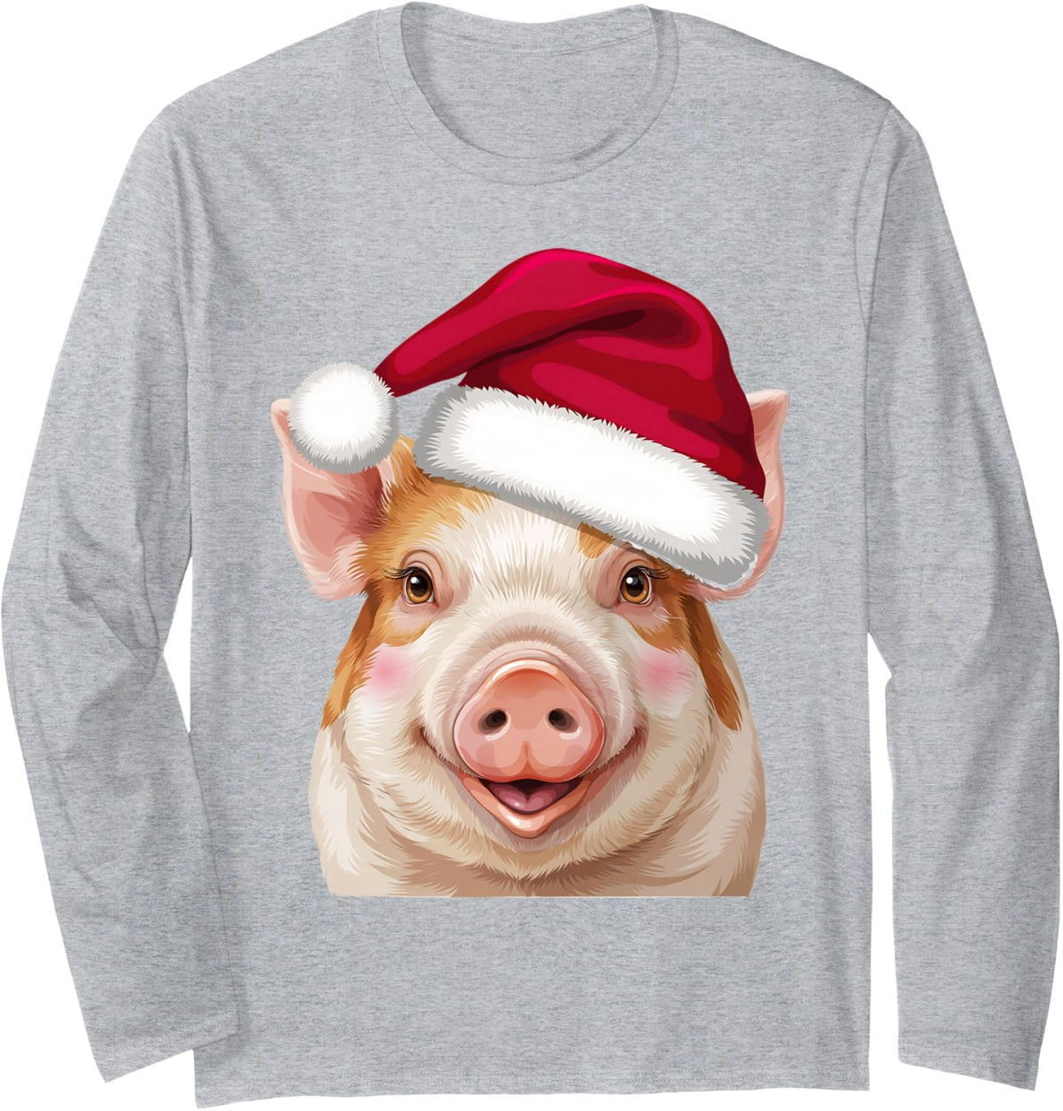 Funny Pig Santa Hat Christmas Animal Lover Men Women Kids Long Sleeve T-Shirt - Adult Unisex Heather Grey
