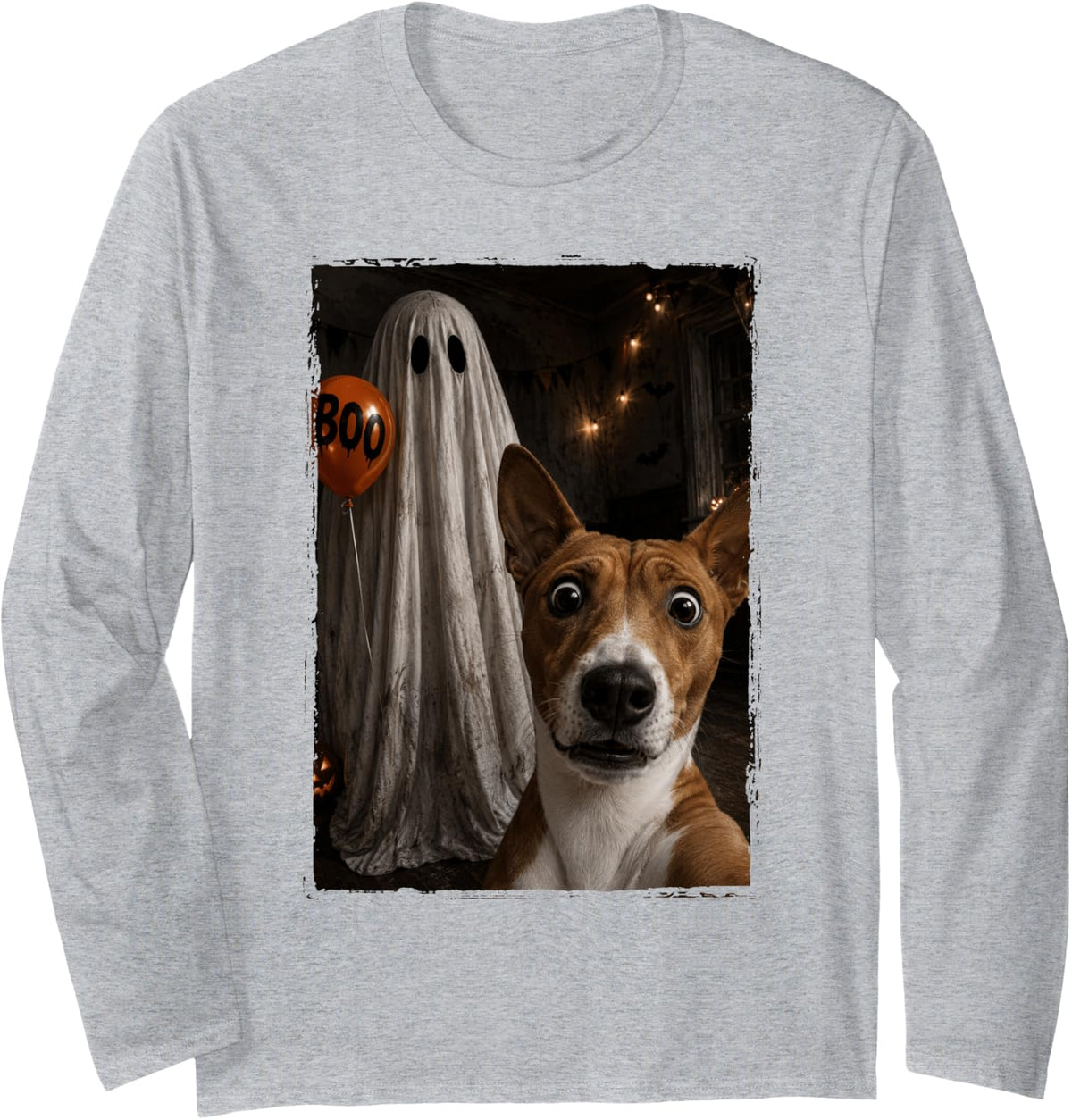 Funny Basenji Halloween Selfie Ghost Boo Balloon Kids Long Sleeve T-Shirt - Adult Unisex Heather Grey