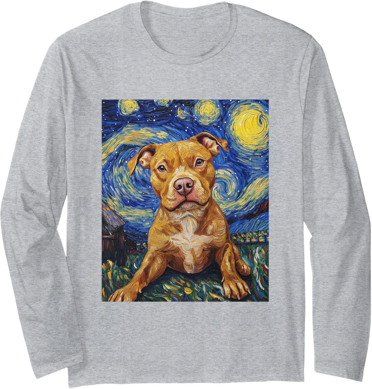 Pitbull Dog Pittie Van Gogh Style Starry Night Graphic Long Sleeve T-Shirt - Adult Unisex Heather Grey