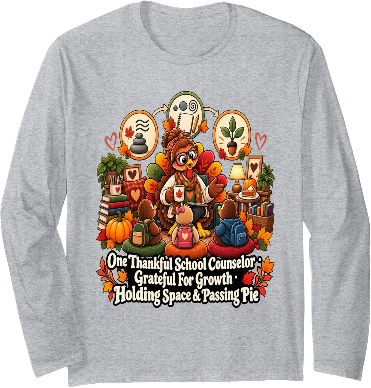 One Thankful School Counselor Thanksgiving Long Sleeve T-Shirt - Adult Unisex Heather Grey