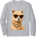 Cool Alpaca Roar Leopard Sunglasses Funny Humor Long Sleeve T-Shirt - Adult Unisex Heather Grey