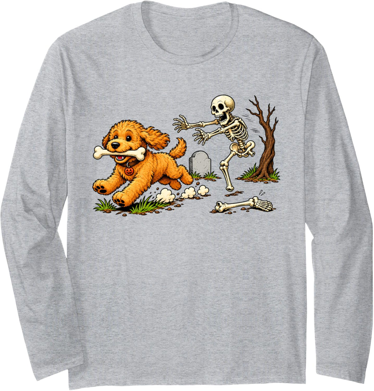 Funny Goldendoodle Dog Stealing Bone from Skeleton Halloween Long Sleeve T-Shirt - Adult Unisex Heather Grey