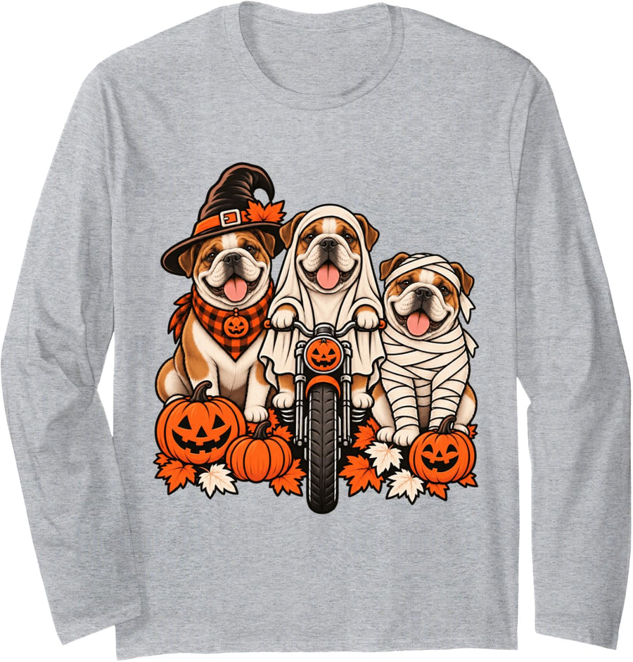 Fall Ghost English Bulldog Motorcycle Lovers Halloween Long Sleeve T-Shirt - Adult Unisex Heather Grey