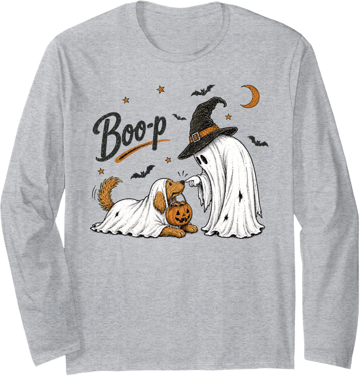 Boo Boop Dog Ghost Funny Halloween Dog Lovers Dog Mom Boo-p Long Sleeve T-Shirt - Adult Unisex Heather Grey