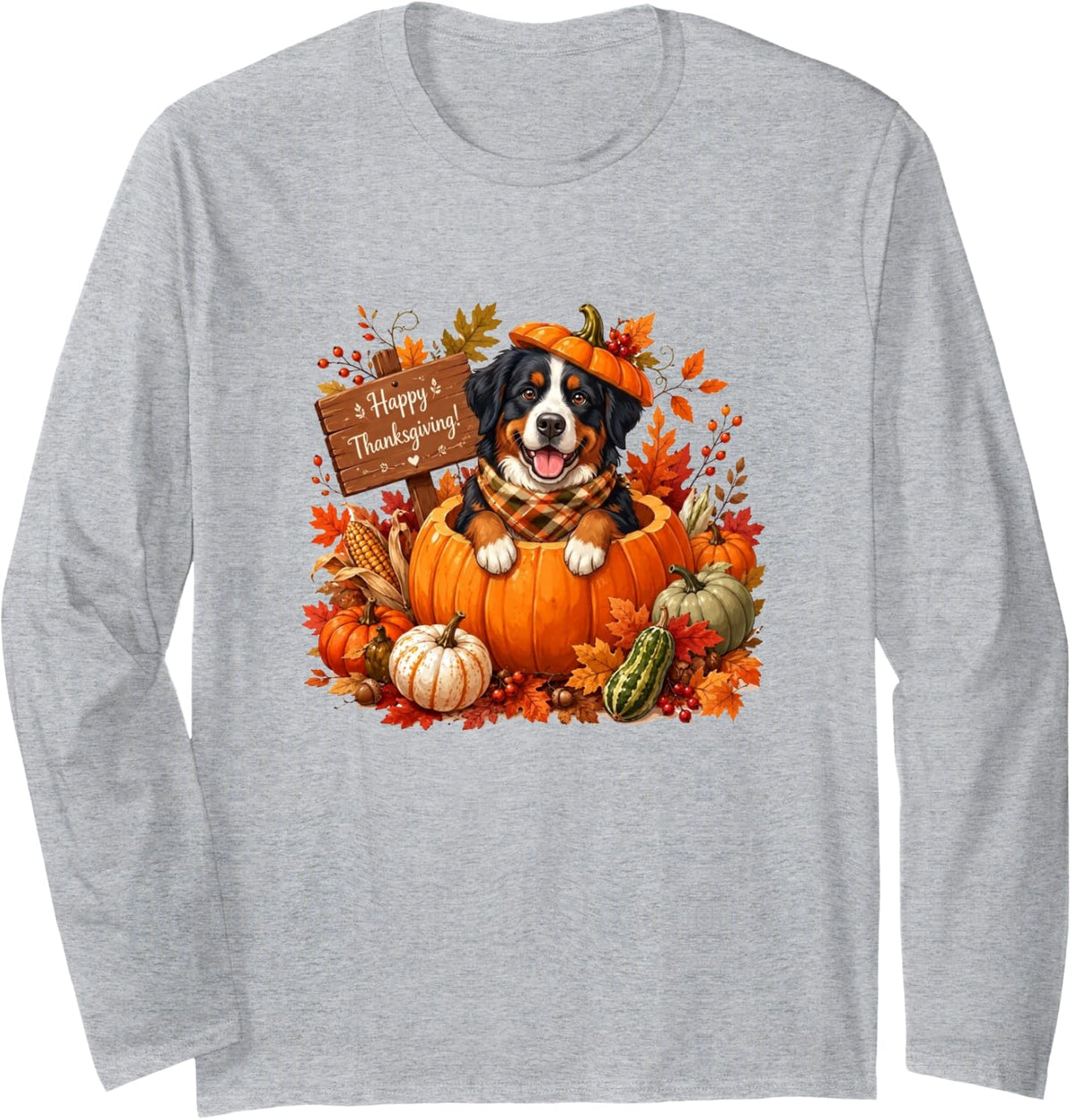 Bernese Mountain Inside Pumpkin Fall Leaves Thanksgiving Long Sleeve T-Shirt - Adult Unisex Heather Grey